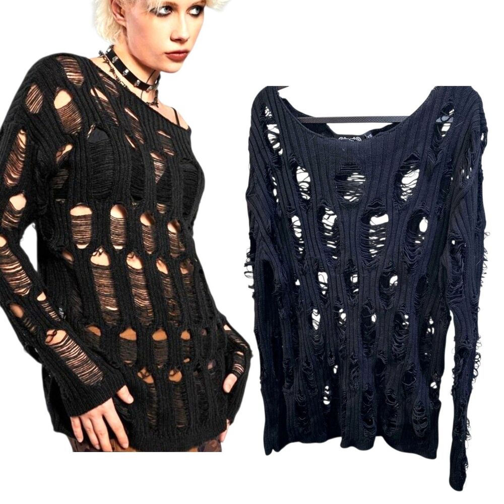 KILLSTAR HOLY KNIT Sz XS Oversized Distressed Goth Grunge Witchy Knit Sweater